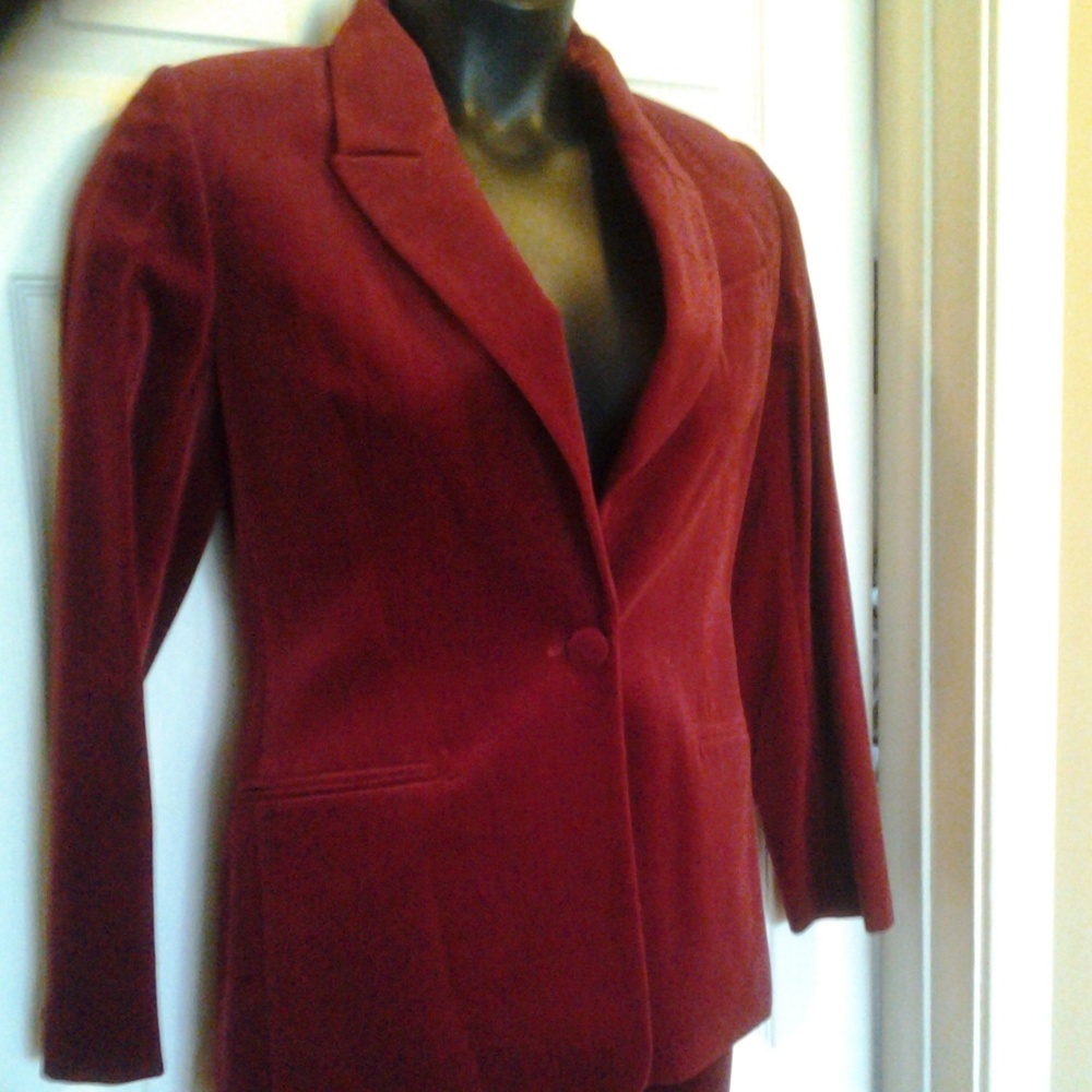 Dark red velvet jacket and slacks